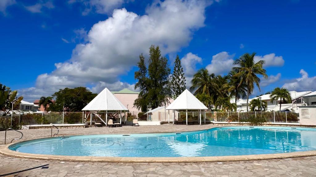 Una gran piscina con palmeras al fondo. en L'HIBISCUS rénové Sept 2025, en Saint-François
