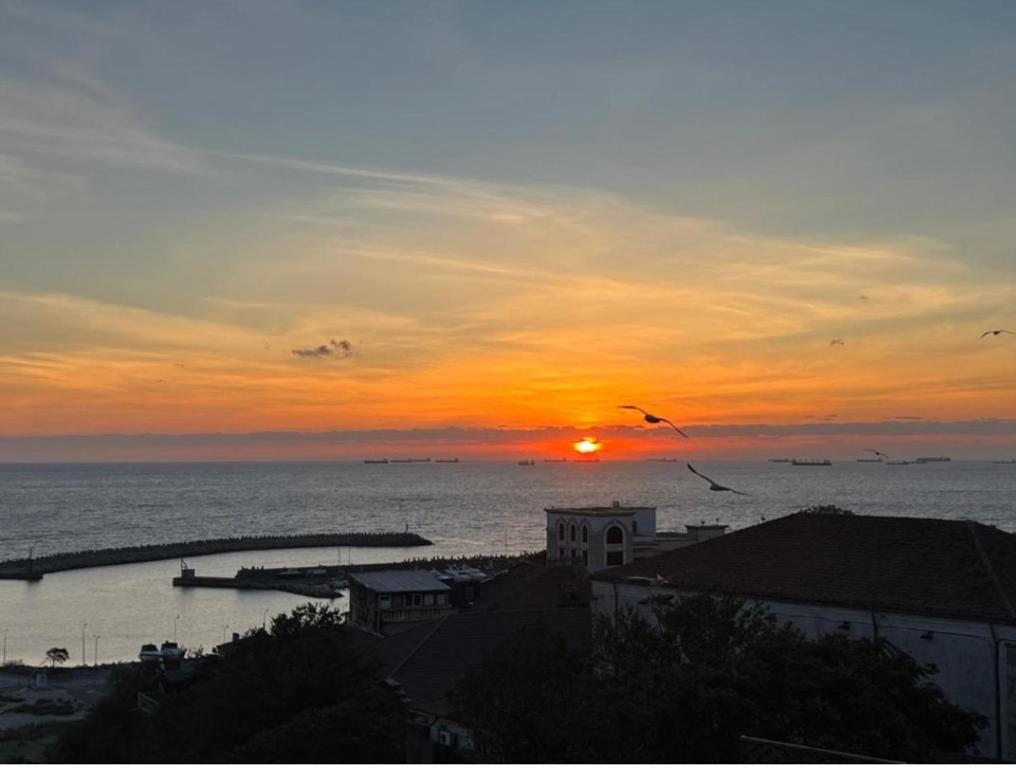 a sunset over the ocean with birds flying at Ella Apart Hotel in Constanţa