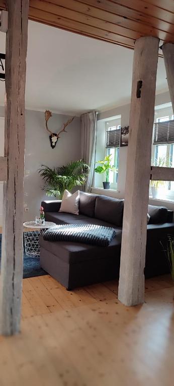 a living room with a black couch and two pillars at Allenberghütte Schoningen in Uslar