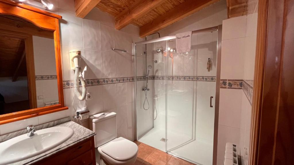 Un baño con ducha, inodoro y lavabo. en Apartamentos Casa Aurelia, en Alquézar