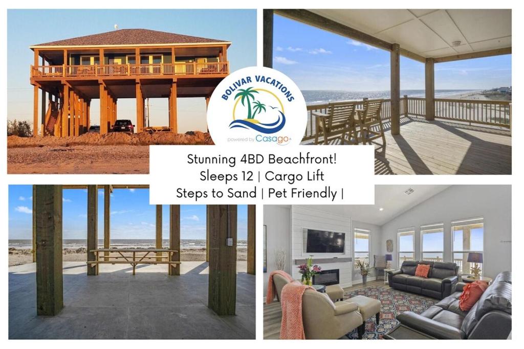 un collage di foto di una casa sulla spiaggia di Bella Luna - Stunning 4BR Beachfront w Cargo Lift a Bolivar Peninsula