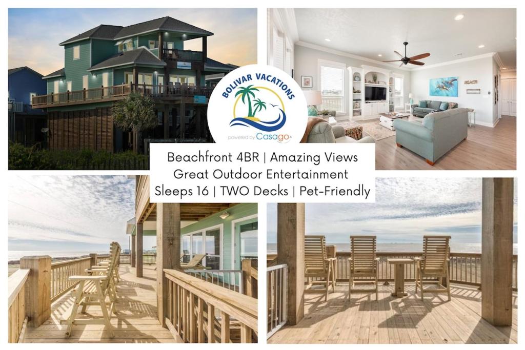 un collage de fotos de una casa en Breezy Point - Beachfront 4BR Home with Double Decks and Ocean Views, en Bolivar Peninsula