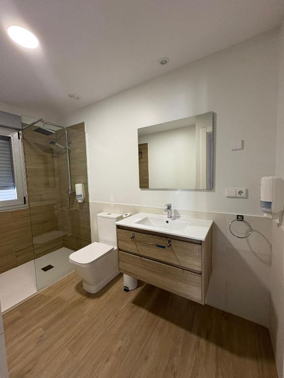 a bathroom with a sink and a toilet and a mirror at Apartamentos O Grove Awa Bay in O Grove