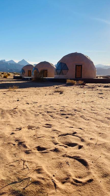 un grupo de cúpulas en medio de un desierto en Olivia Rum Bubbles, en Wadi Rum