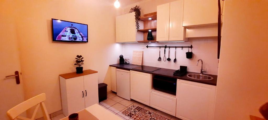 une petite cuisine avec des armoires blanches et un évier dans l'établissement Appartement 3 étoiles au cœur d'Uriage les bains, à Vaulnaveys-le-Haut