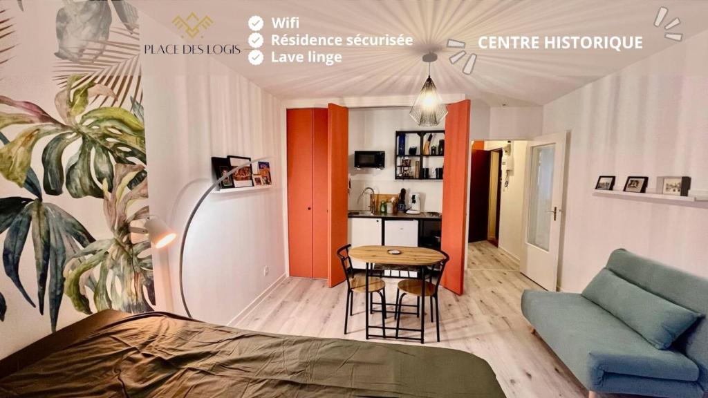 un salon avec un canapé et une table dans l'établissement Charmant studio en vieille Ville de Belfort, à Belfort