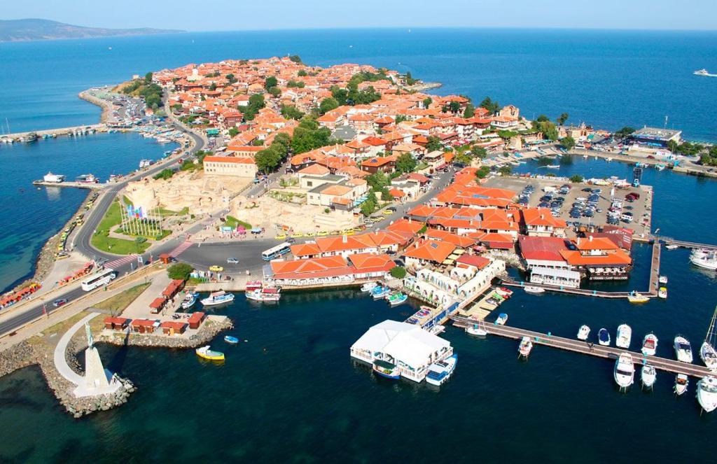 an aerial view of a harbor with boats in the water at Nessebar, Studio,South Beach, Larisa in Nesebar