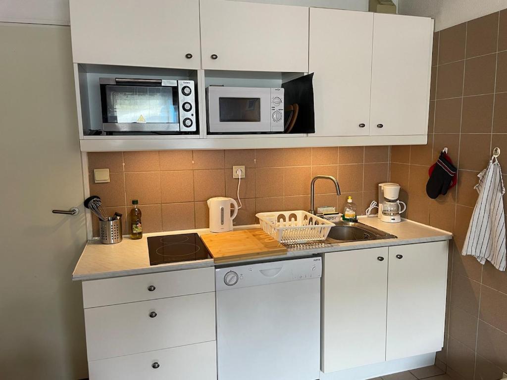une cuisine avec des armoires blanches, un évier et un micro-ondes dans l'établissement Pieds des pistes Briançon Prorel - Serre Chevalier, à Briançon