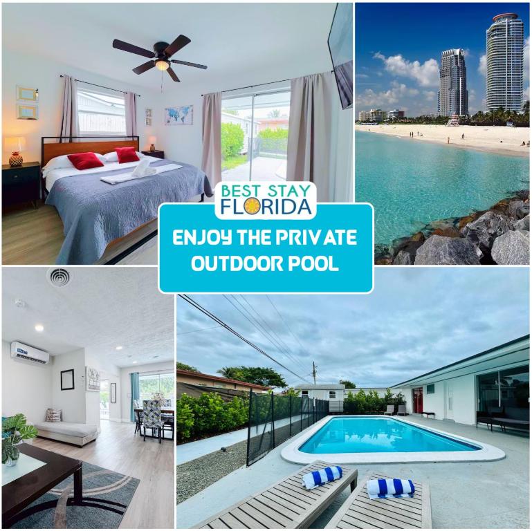 a collage of photos of a bedroom and a pool at Tropical Villa Pool, Garden, Near Las Olas in Fort Lauderdale