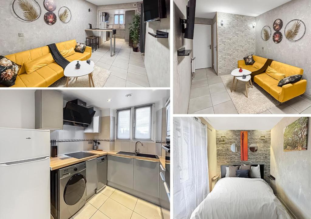 un collage de photos d'une cuisine et d'un salon dans l'établissement Charme, confort & proximité CDG T2 moderne, à Villeneuve-sous-Dammartin