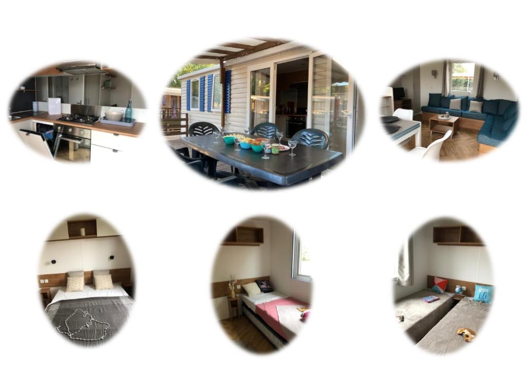 un collage de photos d'un salon et d'une salle à manger dans l'établissement Les Champs 42, à Vias