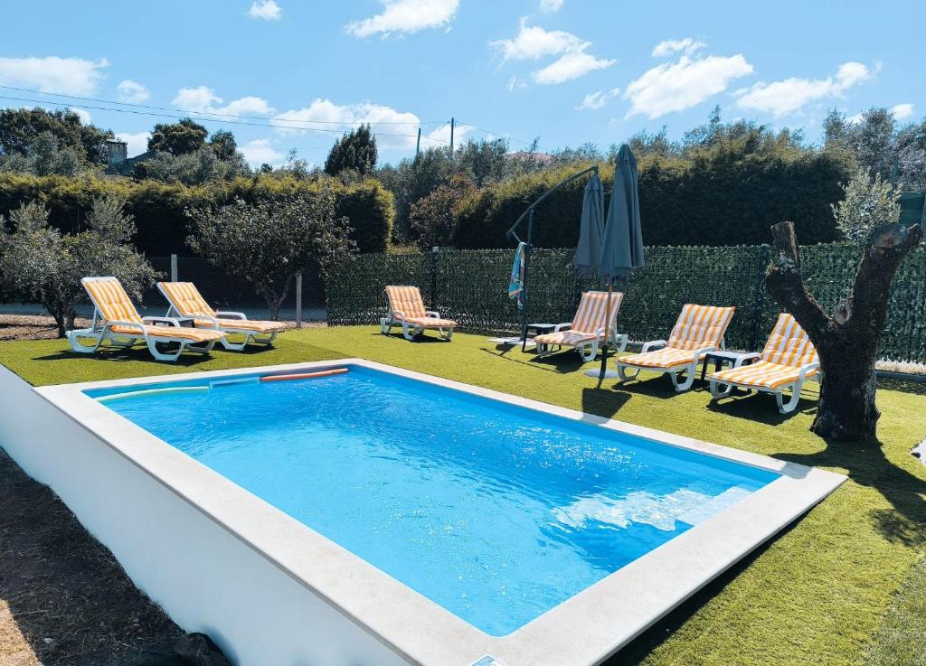 a swimming pool in a yard with lounge chairs and a tree at Fatima Villas in Ourém