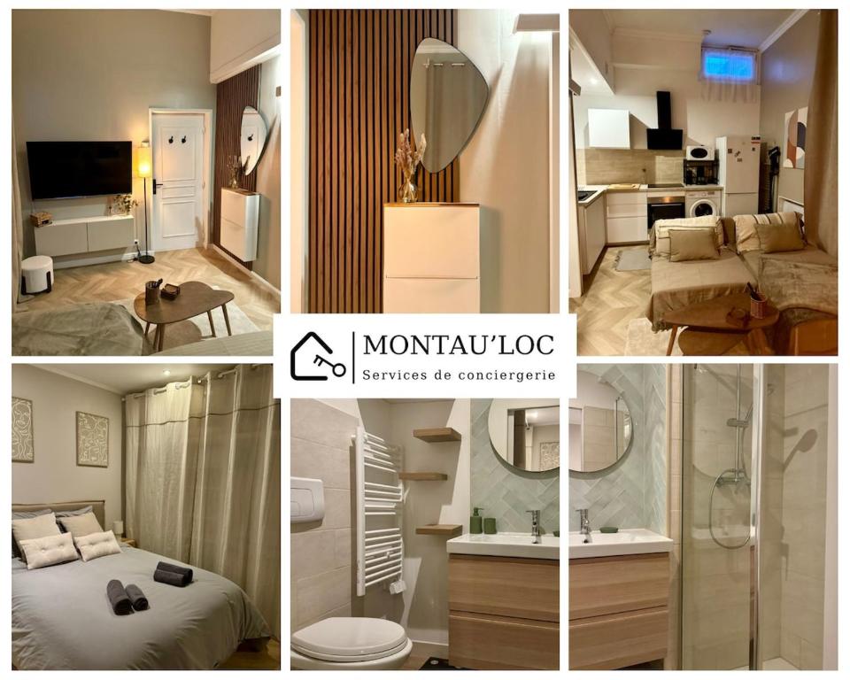 un collage de quatre photos d'une pièce dans l'établissement Le cocon du centre, T1 bis avec chambre séparé, à Montauban