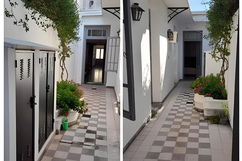 zwei Bilder eines Hauses mit Tür und Gehweg in der Unterkunft Propiedad 139m2 en Casco Histórico in Goya