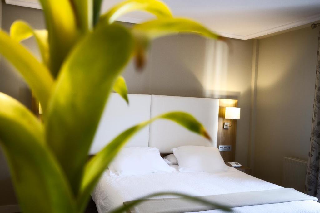 a bedroom with a bed with white sheets and a plant at Hotel Los Lagos Nature in Cangas de Onís