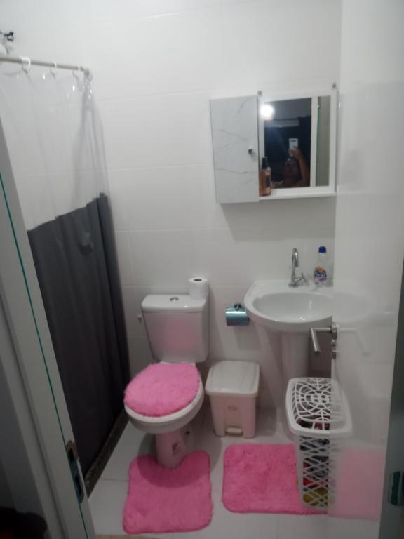 a bathroom with a toilet and a sink with pink mats at Casa temporada regiao dos lagos São pedro in São Pedro da Aldeia