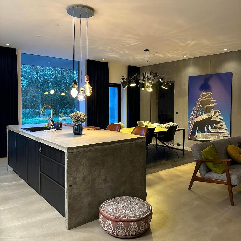 a kitchen and living room with a kitchen island and a dining room at Hotel Vibe In Architectural Settings in Årre