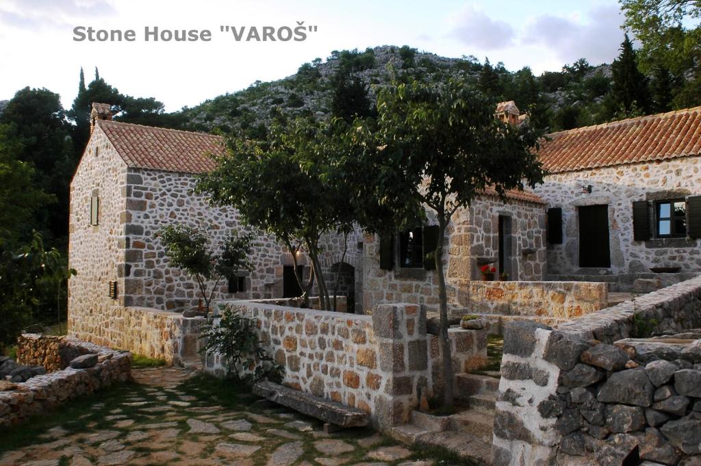 una vieja casa de piedra con un árbol delante en Stone House Varoš, en Starigrad-Paklenica