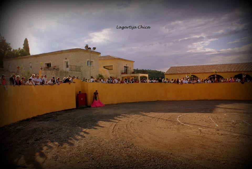 a group of people standing behind a yellow fence at Chambres d'hôtes au Mas du Sire in Quissac