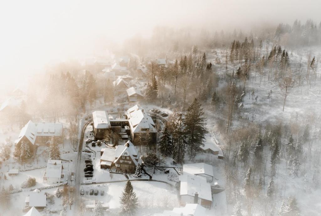 een luchtzicht op een dorp in de sneeuw bij THE HEARTS HOTEL - dein Boutique- und Event-Resort in Braunlage