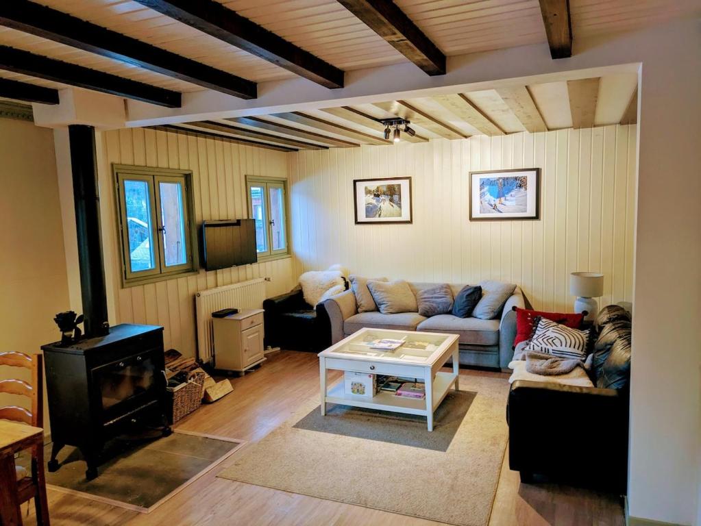 un salon avec un canapé et une table dans l'établissement Chalet Jordan, Porte du Soleil, France, à Saint-Jean-dʼAulps