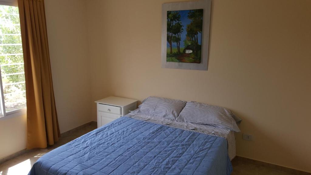 1 dormitorio con 1 cama con edredón azul y ventana en Apartamentos Los Teros en San José