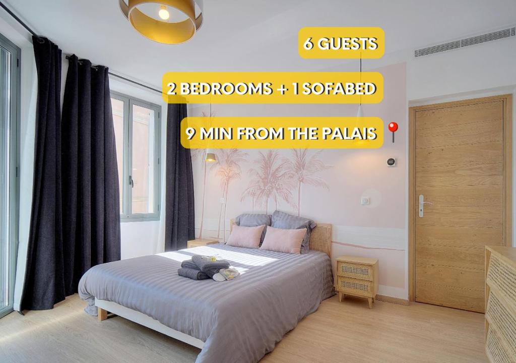 une chambre avec un lit dans une pièce dans l'établissement SUPERB FLAT WITH 2 BEDROOMS NEAR PALAIS CROISETTE 3P2, à Cannes