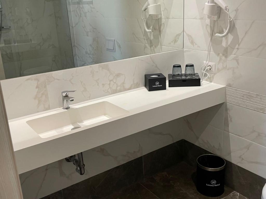 普拉托HotelLuxuryPrato的带水槽和镜子的浴室