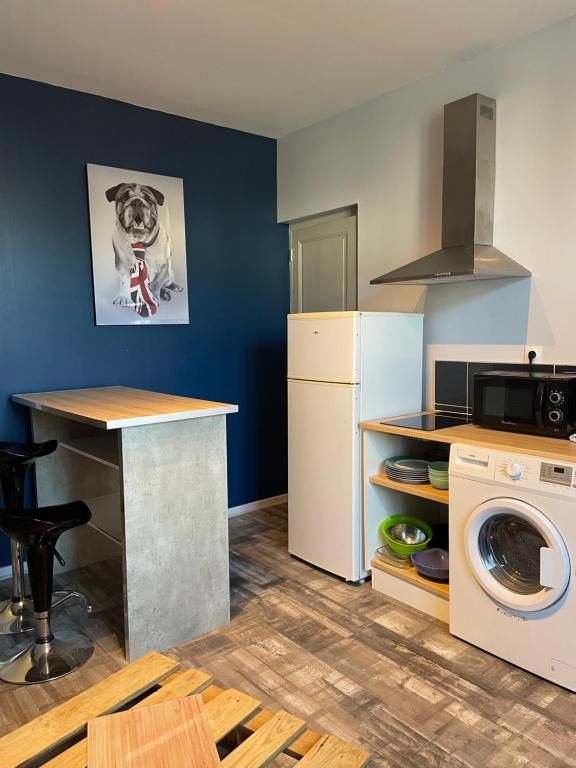 une cuisine avec un lave-linge et un lave-linge dans l'établissement Appartement derrière la gare Laval, à Laval