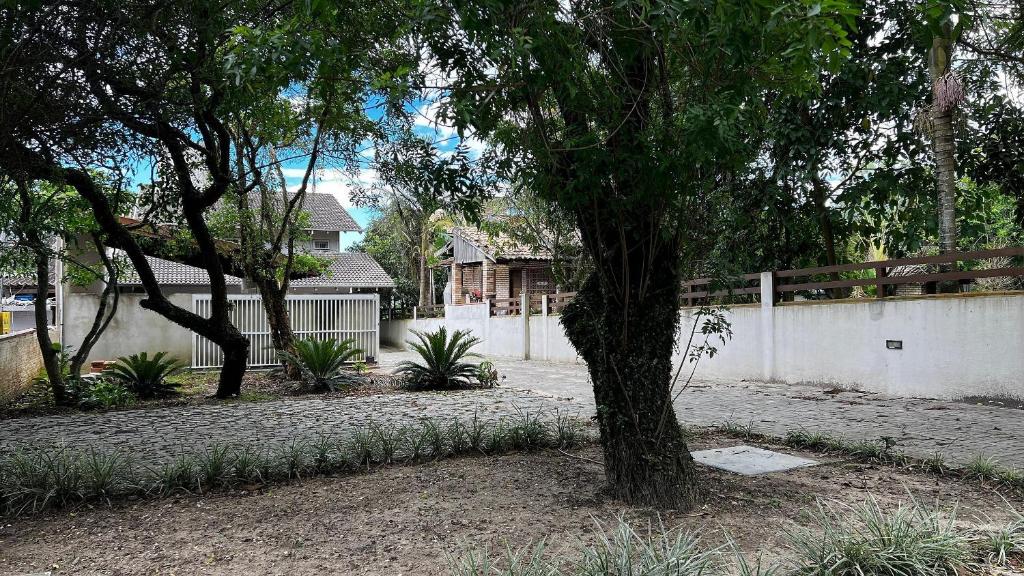 a tree in a yard next to a fence at Residencial Martins in Bombinhas