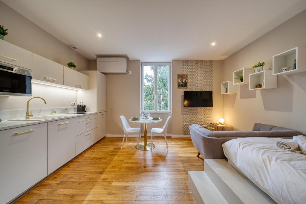 une cuisine et un salon avec un canapé et une table dans l'établissement R'Apparts Studio Art Deco, à Grenoble