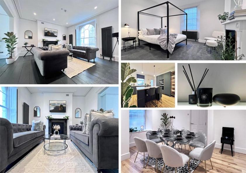 a collage of photos of a living room and a living room at Exquisite Period House, Heart of Exeter, Parking in Exeter