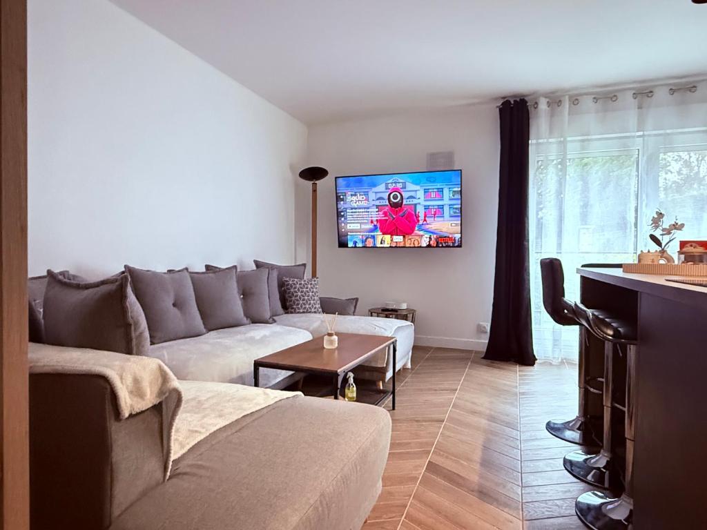 un salon avec un canapé et une télévision dans l'établissement Appartement 60 m2 5 personnes à 10 min de Paris 2 chambres Proche toutes commodités, à Rueil-Malmaison