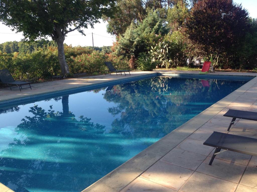 uma piscina com água azul e dois bancos em U-Casone em Linguizzetta