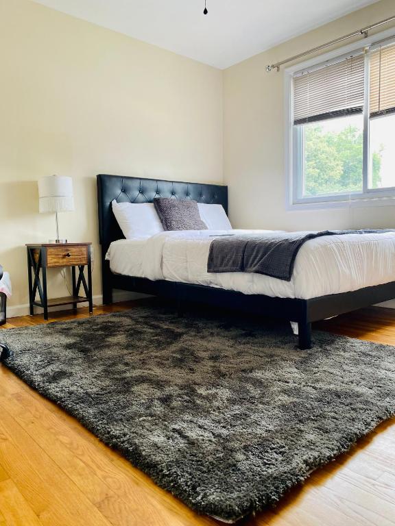a bedroom with a large bed and a rug at 1 bedroom terrace view with shared bathroom #3 in Laurel