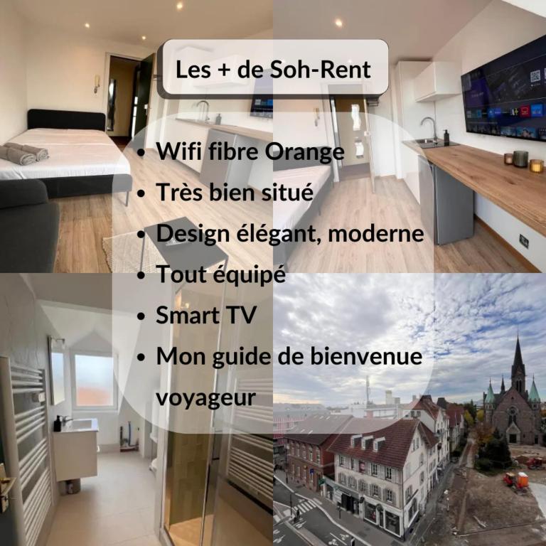 un collage de photos d'une chambre avec différentes chambres dans l'établissement Soh Rent Studio Schiltigheim centre - Tv - Wifi, à Schiltigheim