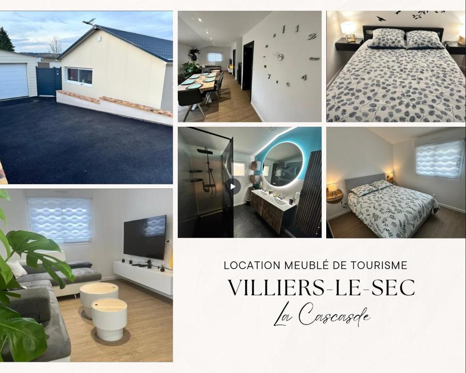a collage of pictures of a bedroom and a living room at Agréable maison neuve de plain pied in Villiers-le-Sec