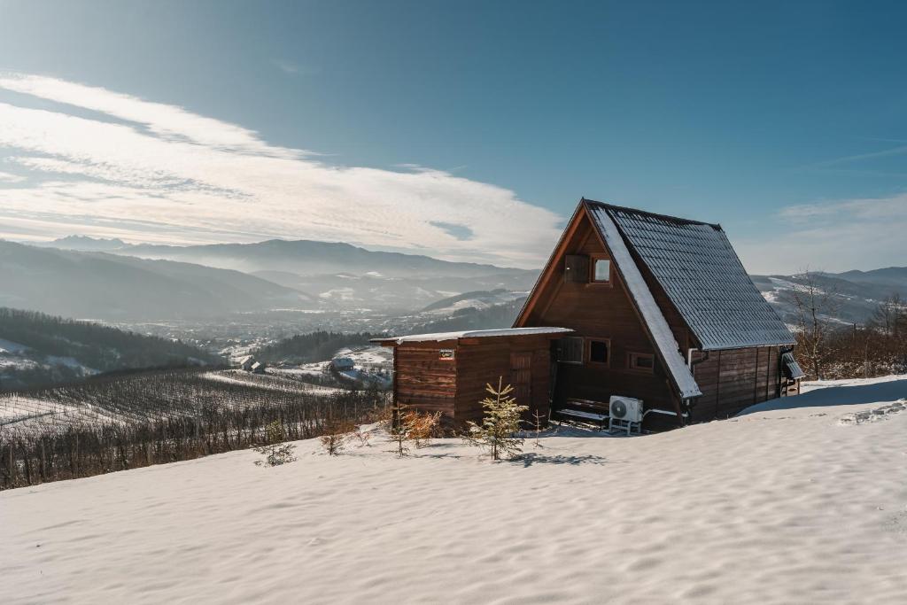 a wooden cabin in the snow on a mountain at Domek Nad Sadem in Łącko