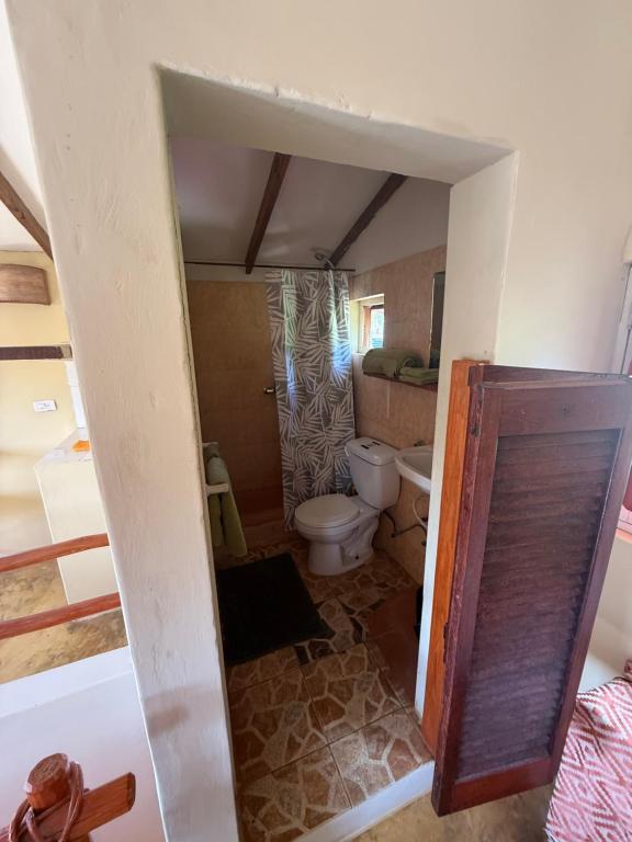 une salle de bain avec toilettes et lavabo dans l'établissement Yes Papa! Rooms only 100m from the beach!, à Las Galeras