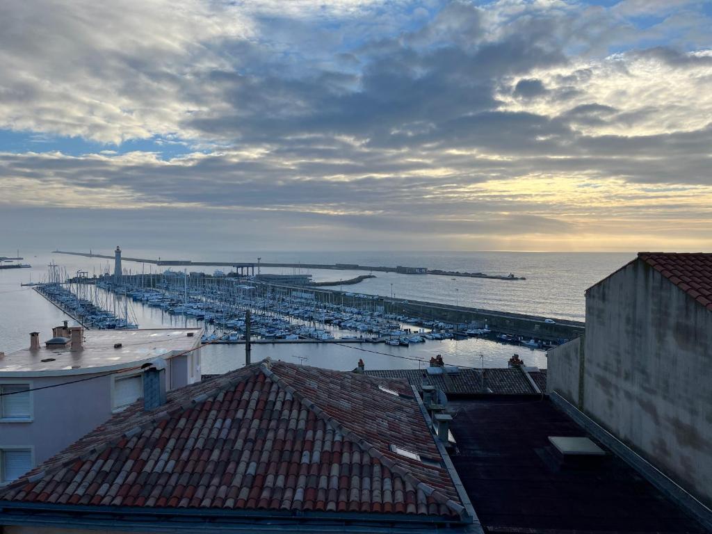 une vue d'un port avec des bateaux dans l'eau dans l'établissement Superbe duplex climatisé avec vue mer, 2 chambres, WIFI à Sète - FR-1-338-593, à Sète