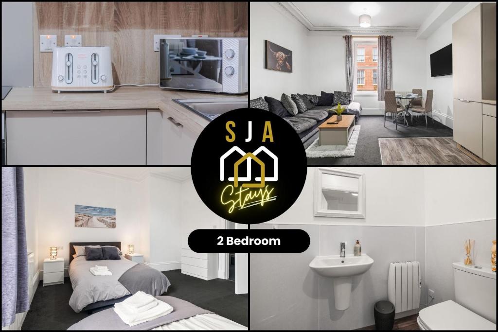 a collage of photos of a kitchen and a living room at Peterhead Pad - SJA Stays - Modern 2 Bed Apartment in Peterhead