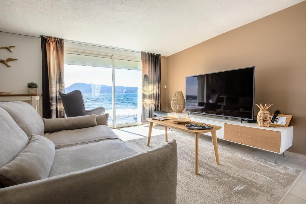 a living room with a couch and a flat screen tv at Le Ponton et son spa in Saint-Mandrier-sur-Mer