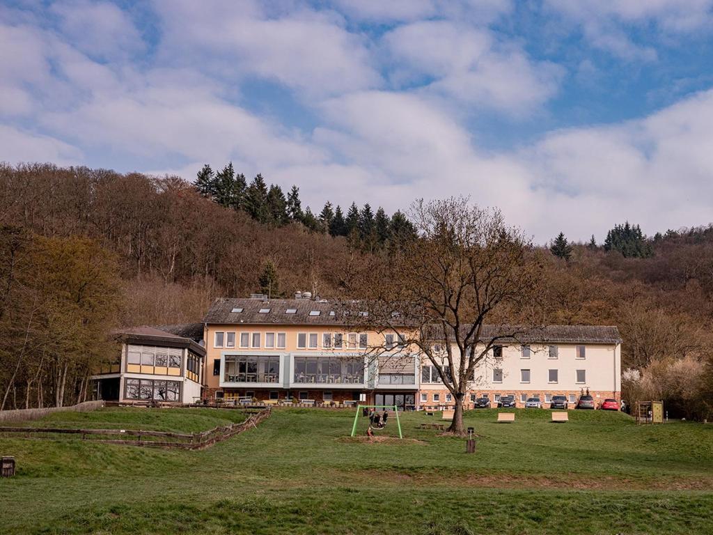 a large building with a tree in the middle of a field at Jugendherberge Waldeck am Edersee in Waldeck