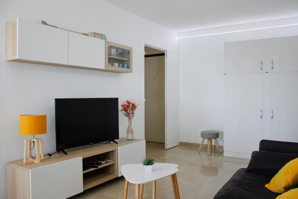 un salon avec un canapé et une télévision dans l'établissement Face à la Mer YourHostHelper, à Cannes