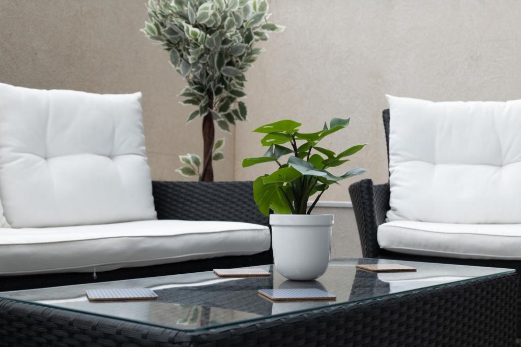 una mesa de centro con sofá y una planta en Modern 3 Bedroom Oasis in Swieqi by ELDI, en Is-Swieqi