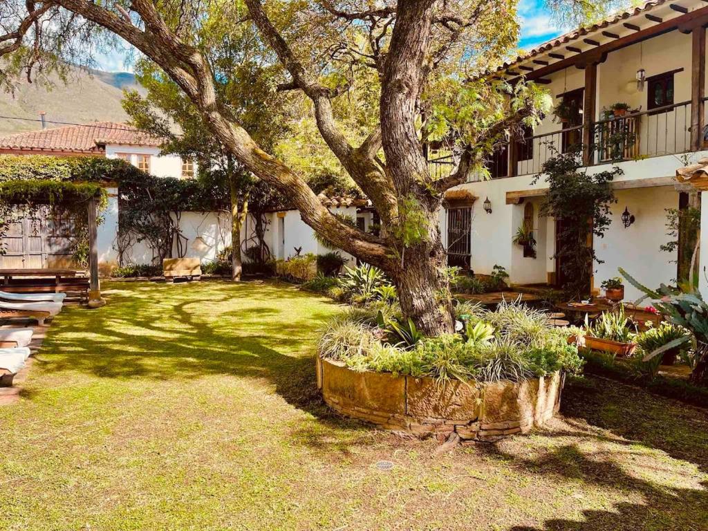 une maison avec un arbre au milieu d'une cour dans l'établissement Villa exclusiva con jardín a 80m del centro, à Villa de Leyva