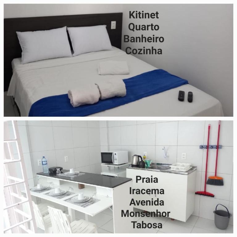 two pictures of a bedroom with a bed and a kitchen at Casa da Lalá in Fortaleza