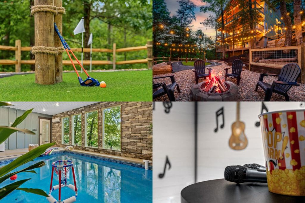 a collage of pictures with a pool and a fire pit at Sweet Escape By Ghosal Luxury Lodging in Gatlinburg