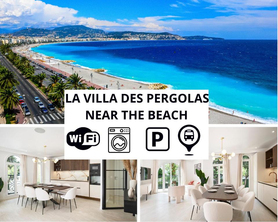 un collage de photos d'une plage avec le texte la villa des pe dans l'établissement VILLA DES PERGOLAS au pied du TRAM ,à 5 min des plages , 15 min du Centre , jacuzzi, à Nice