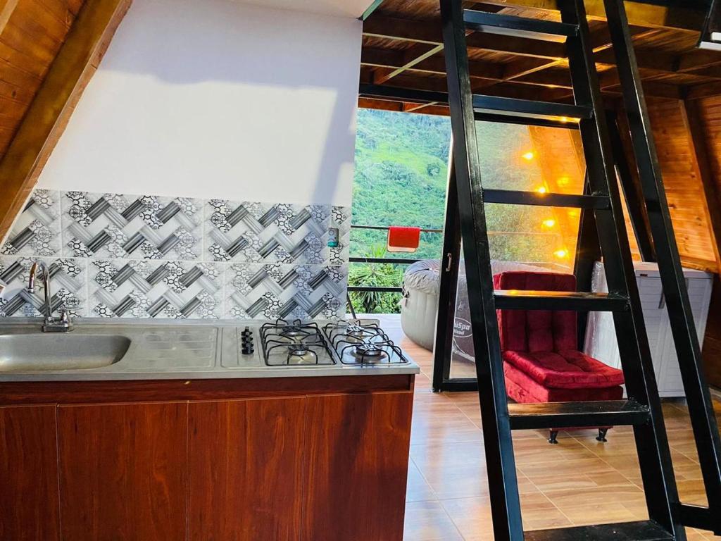 a kitchen with a sink and a stove and a ladder at Cabaña La Victoria in Sasaima